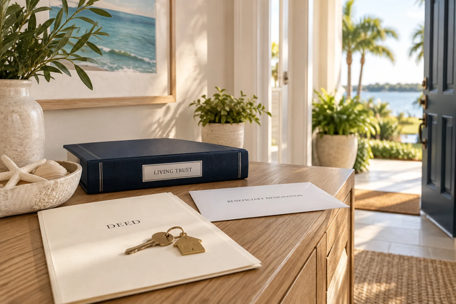 Florida estate planning documents organized beside a house key, beneficiary file, and trust folder