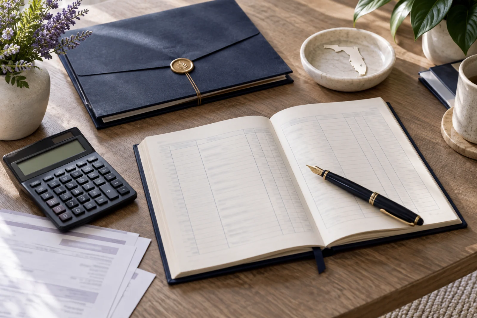 Florida estate ledger, calculator, and executor task file arranged on a desk