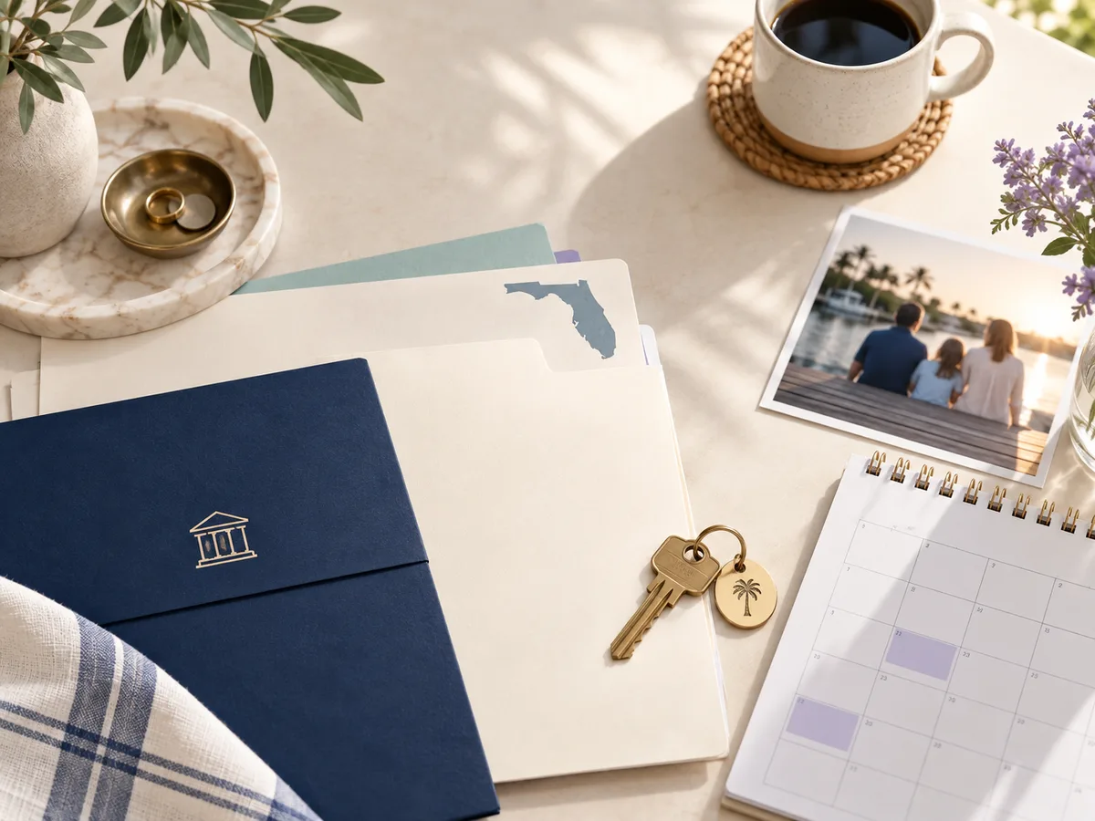 An organized Florida estate file beside a home key, account folder, and court calendar
