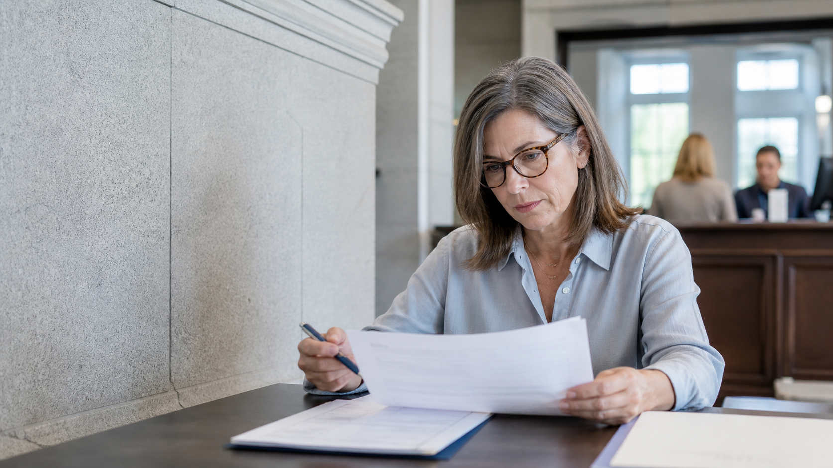 A woman reviewing estate paperwork before filing a small estate affidavit